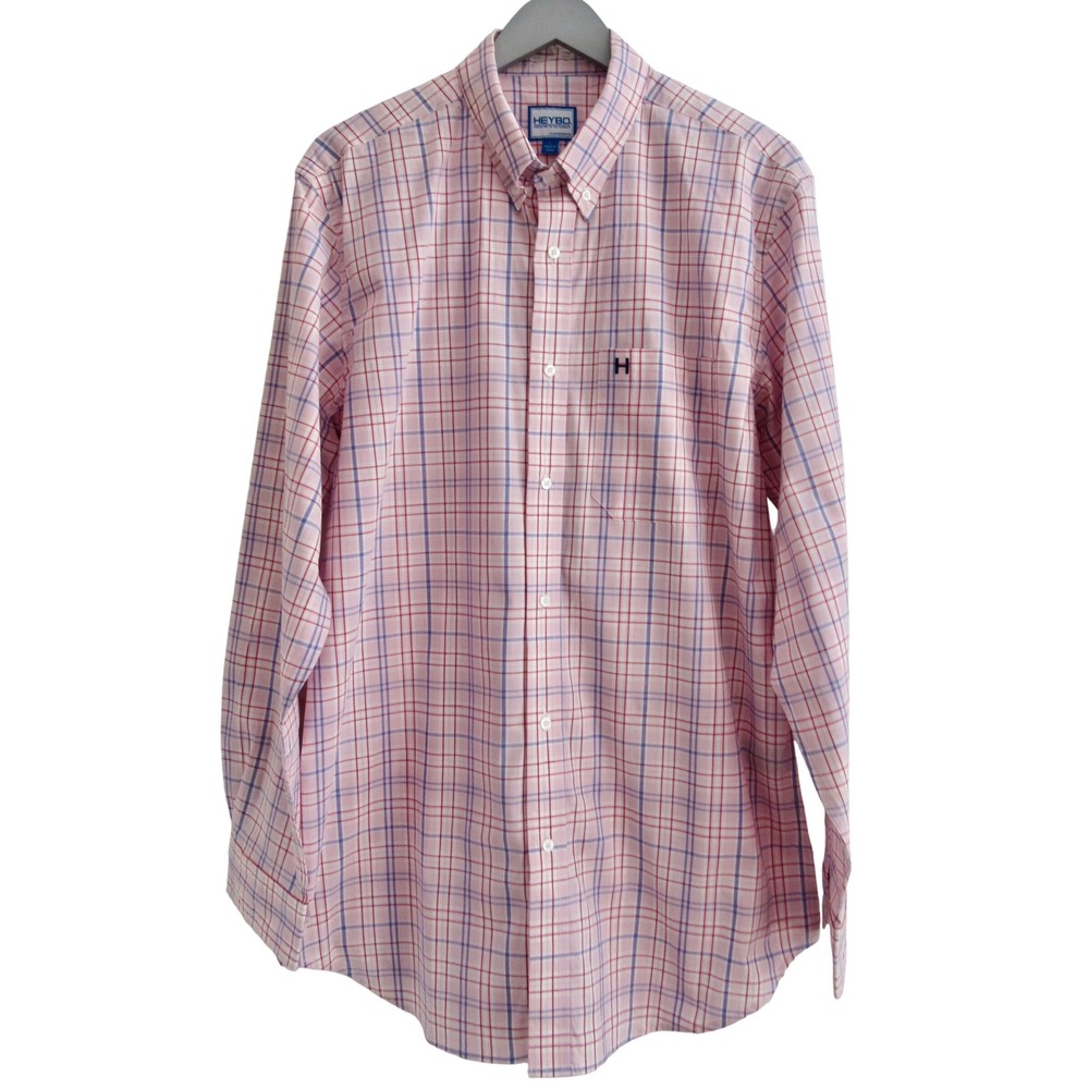 HeyBo Mens Shirt L Pink Plaid Cotton Stretch Long‎ Sleeve Button Up